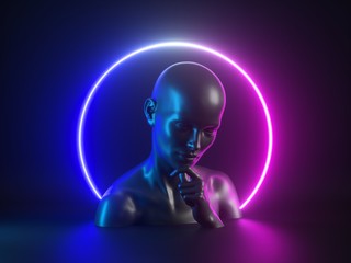 3d render, abstract neon background with human body parts. Female mannequin sculpture: head, face, hand. Glowing light ring. Social issue: personal identification, critical thinking, meditation, alone