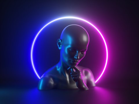 3d Render, Abstract Neon Background With Human Body Parts. Female Mannequin Sculpture: Head, Face, Hand. Glowing Light Ring. Social Issue: Personal Identification, Critical Thinking, Meditation, Alone