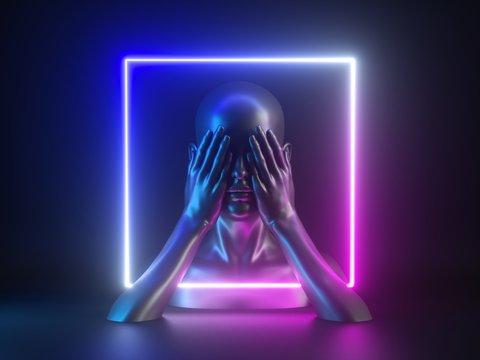 3d render, abstract neon background with human body parts. Female mannequin head, hands, closed eyes. Glowing light square frame. Social issue concept: ignorance, indifference, hiding, blindness