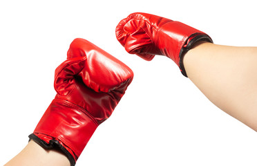 Isolated hands in  red boxing gloves.
