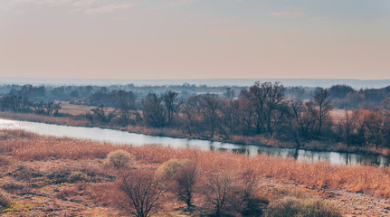 A quiet river in a green rural area. Beautiful landscape with a river with calm water, located next to a spring forest in nature. A narrow, winding river that runs through a grove of trees.