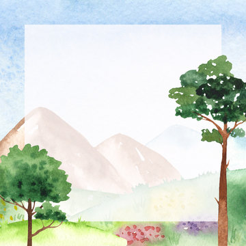 Watercolor card template frame with mountain spring landscape