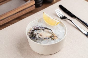 Portion of delicatessen: opened oyster on ice in restaurant