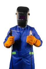 Isolated photo of welder worker holding electrode and mass holder.