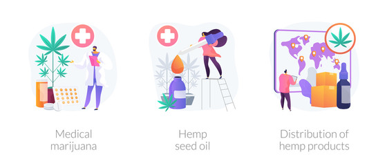 Medical marijuana metaphors. Hemp seed oil, distribution of cannabis products, herbal medications. Cannabidiol acid drug. Weed for medical use. Vector isolated concept metaphor illustrations.