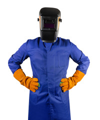Isolated welder worker in protective robe and helmet.