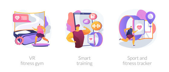 Sport exercise modern technologies metaphors. VR gym, smart training, fitness tracker. Workout tracking wearable devices. Smart watch app. Vector isolated concept metaphor illustrations.