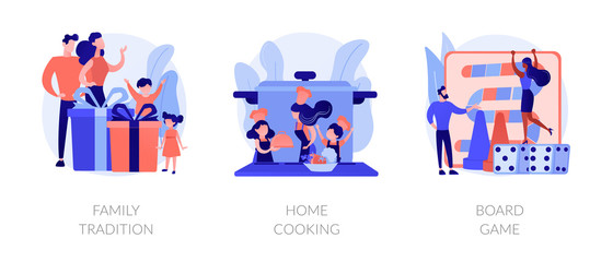 Relatives bonding, homemade food preparation, entertainment activity icons set. Family tradition, home cooking, board game metaphors. Vector isolated concept metaphor illustrations