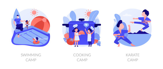 Kids holiday activities. Hobby, leisure, recreation. Children summer vacation adventures. Swimming, cooking camp, karate camp metaphors. Vector isolated concept metaphor illustrations. © Visual Generation