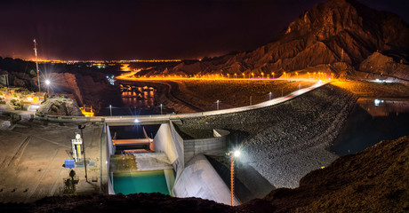 Elevated shot of the wall of the Ullum Dam at night