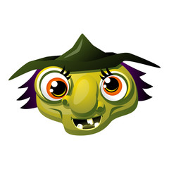 Funny Halloween witch head with green skin, crossed eyes, a big nose, nasty teeth and a pointy hat. Can represent witchcraft, October, dark magic, sinister and occult practices, and horror stories.