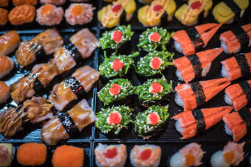 Japanese food sushi is on sale in the local market in Thailand.