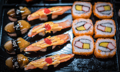 Japanese food sushi is on sale in the local market in Thailand.