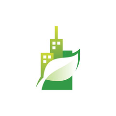 Modern Colorful Building Skyscraper City and Nature Green Leaf Logo Icon
