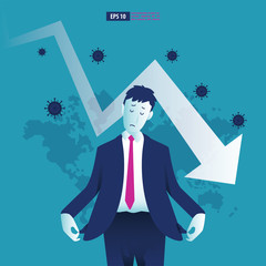 Fototapeta premium Economic downturn caused by a Coronavirus pandemic or COVID-19 concept. Businessman faces an economic crisis which is marked by arrow symbol. Vector illustration