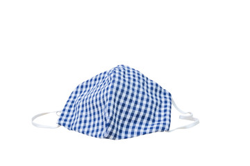 mask fabric striped blue - white homemade on white background. prevent coronavirus or (Covid-2019) concept prophylaxis