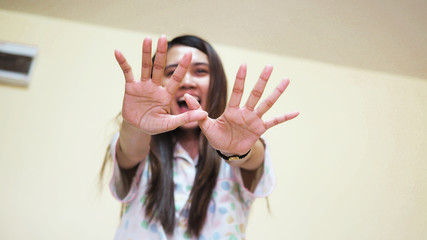 sexual abuse for women gender in society, a girl hand is stopping harassment on the bedroom of...
