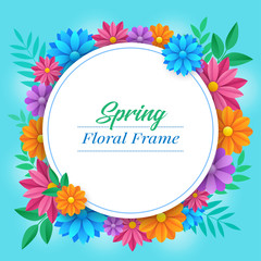 Fototapeta na wymiar Spring flower frame. Colorful flowers and leaves on blue background. Vector illustration