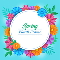 Spring flower frame. Colorful flowers and leaves on blue background. Vector illustration