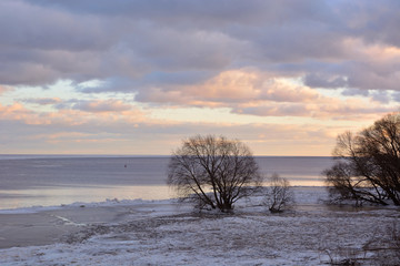 View of the lake and trees from above from above during spring flood. Landscape. Lake Ilmen