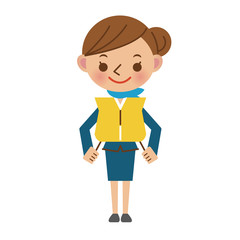 救命胴衣を着用して使い方を説明するキャビンアテンダント