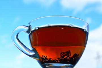 Bottom view on glass transparent cup of brown tea with tes leaves on blue sky background with white clouds