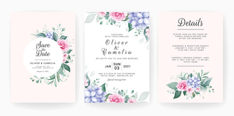 Fototapeta na wymiar Floral wedding invitation card template set with watercolor floral arrangements and border. Flowers decoration for save the date, greeting, thank you, poster, cover. Botanic illustration vector
