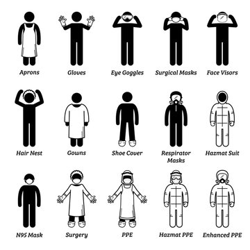 Medical healthcare PPE personal protection equipment gears. Vector artwork of man wearing gloves, eye goggles, face visor shield, hair net, gown,  respirator mask, surgical mask, N95, and hazmat suit.