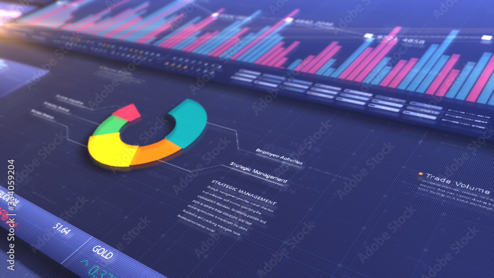 Aufkleber Business stock market, trading, info graphic with animated graphs, charts and data numbers insight analysis to be shown on monitor display screen for business meeting mock up theme