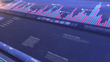 Business stock market, trading, info graphic with animated graphs, charts and data numbers insight analysis to be shown on monitor display screen for business meeting mock up theme