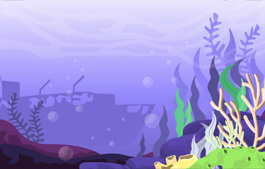 Naklejka na ściany i meble Ancient Sinking Ship Marine Coral Underwater Ocean Nature Illustration