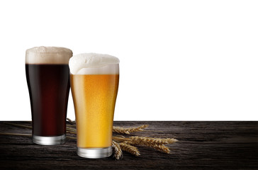 Glasses of Light Beer and Dark Beer with wheat on the isolate white background with copy space