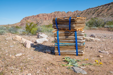 A stack of botanist's plant presses for collecting herbarium specimens. They considest of wooden...