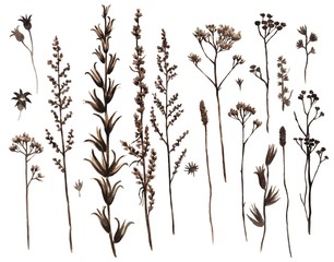 Watercolor set of vintage dry winter plants. Meadow herbs silhouette.
