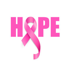Hope lettering design with pink ribbon. Breast Cancer Awareness Month Campaign. For poster, banner and t-shirt. Vector Illustration isolated on white background.