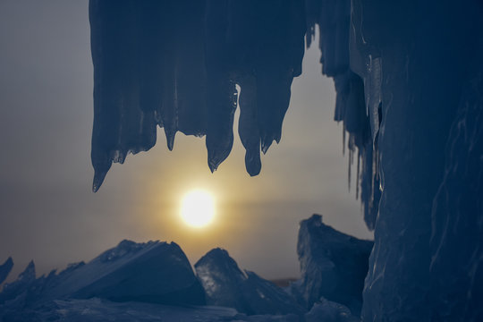 Icicles in ice cave at Lake Baikal, Siberia