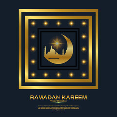 Ramadan Kareem Consists Of Gold Dots. Abstract vector image of a Mosque and Moon in The Frame Pattern.