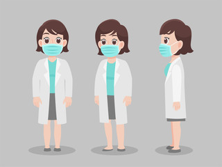 Set of Doctors Character wearing protective Medical mask for prevent virus Wuhan Covid-19.Corona virus, people wearing a surgical mask. Health care concept. character pose front side turn around.