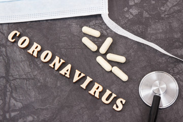 Inscription coronavirus with protective mask, tablets and stethoscope. Novel coronavirus. 2019-nCoV
