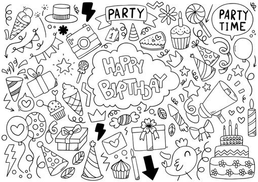 hand drawn party doodle happy birthday