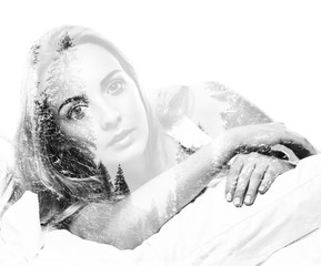 Portrait of pretty young woman awaking after sleep, double multiple exposure effect,combined images