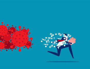 Businessman holding piggy bank running away for COVID - 19. Stock market panic sell from coronavirus pathogen