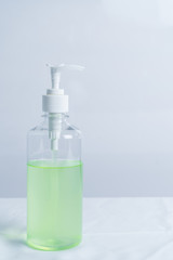 Coronavirus prevention medical surgical masks and hand sanitizer gel for hand hygiene corona virus protection.
