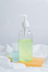 Coronavirus prevention medical surgical masks and hand sanitizer gel for hand hygiene corona virus protection.