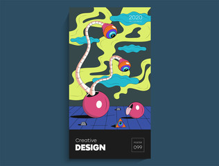 Surrealistic abstract poster in cartoon style. Abstract 3D geometric composition. Fashionable art minimalism. Creative bright digital background for cover card, banner, poster.