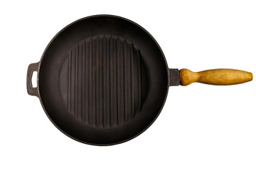 Empty cast iron grill frying pan isolated on white background