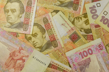 Ukrainian currency. Background of one hundred hryvnia banknotes
