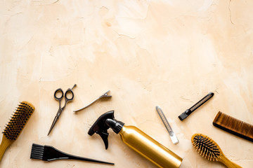 Beauty saloon concept. Hairdresser accessories pattern on beige background top-down frame copy space