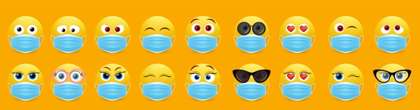 Corona Virus Face Mask Emoji Set, Vector Isolated Illustration