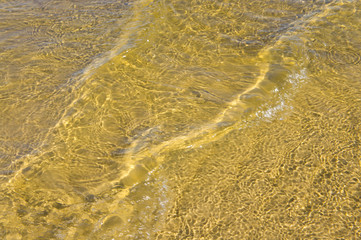 Sandy bottom of a river shot on a sunny spring day. Background for clear water.